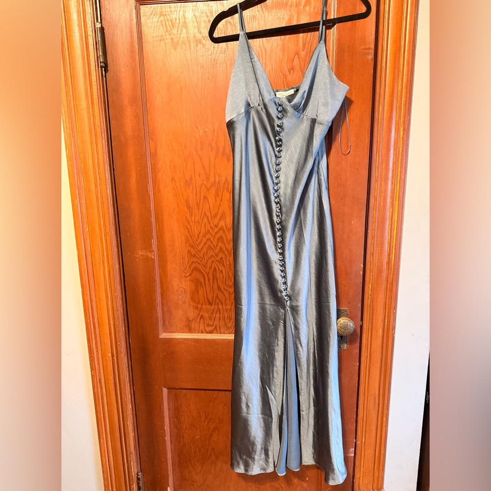 The Punchy Blonde satin blue midi Dress